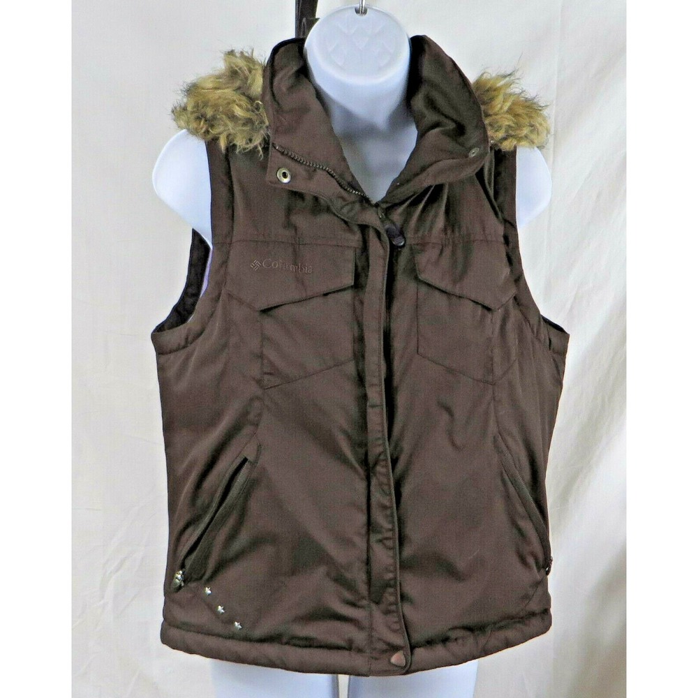 Womens Columbia Sportswear Down Puffer Vest Snap Hood Faux Fur Brown Size Med